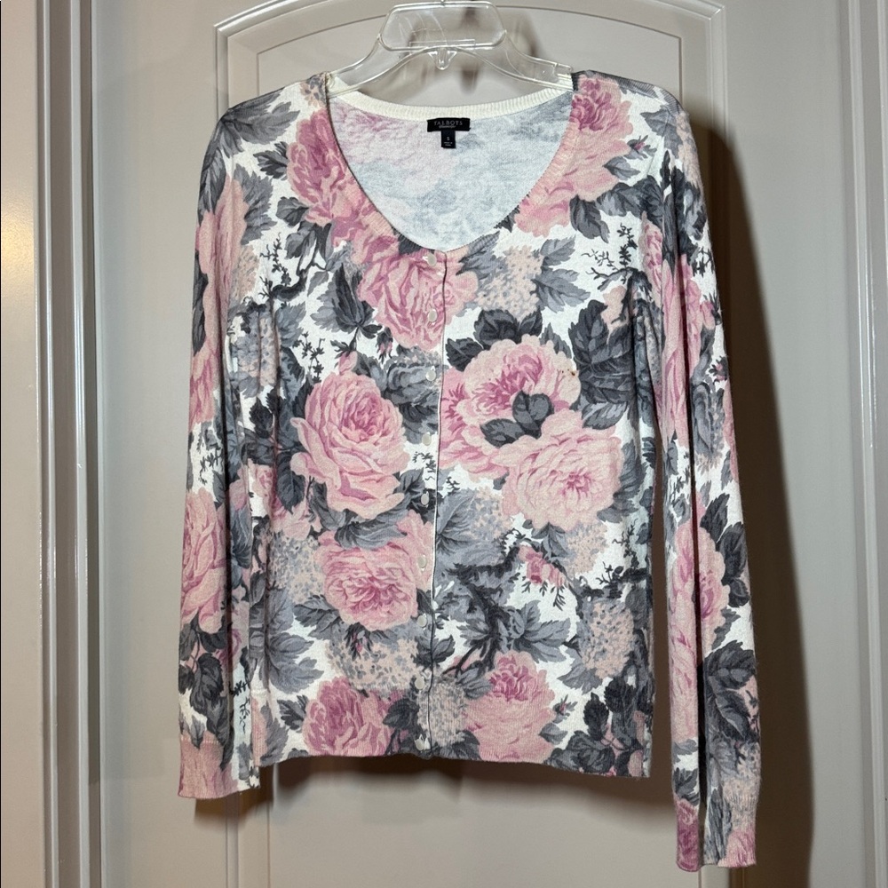 TALBOTS Floral Pink & Grey design.  Women's Cardigan size S G-1174